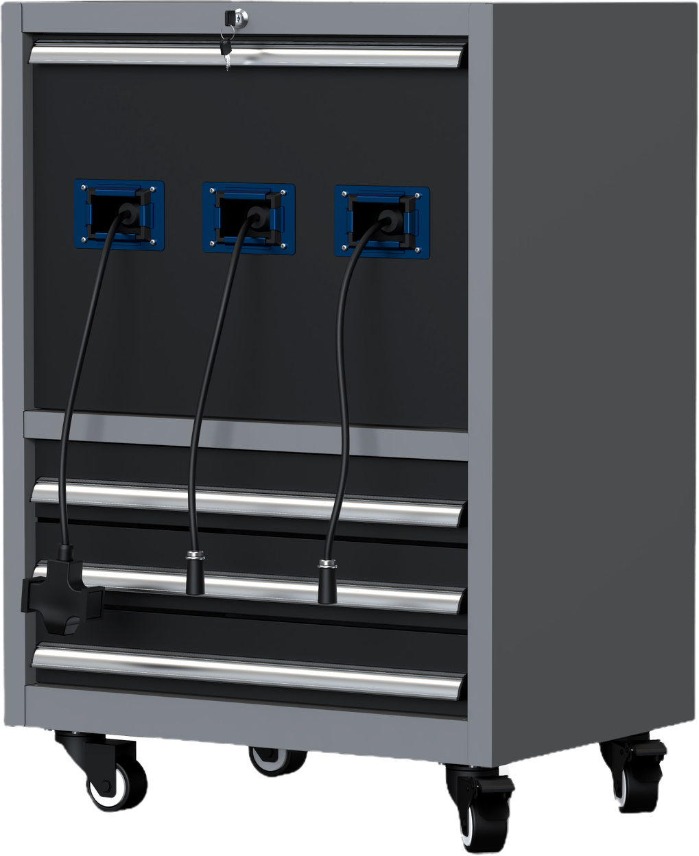 Garage tool cabinet with water, air & electricity reel – With Wheels
