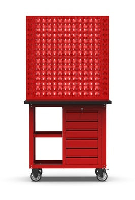 Garage mobile tool trolley with pegboards, one 6 drawers tool cabinet, two-layer boards aside and 4 casters