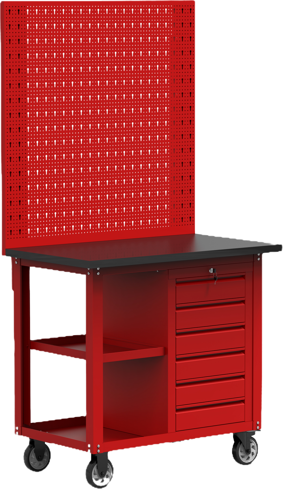 Garage mobile tool trolley with pegboards, one 6 drawers tool cabinet, two-layer boards aside and 4 casters