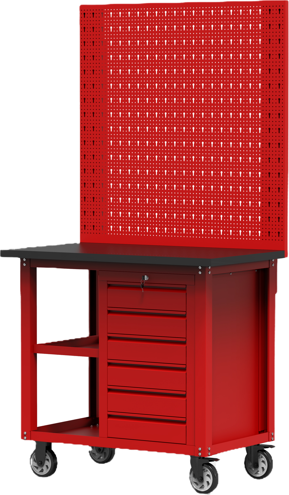 Garage mobile tool trolley with pegboards, one 6 drawers tool cabinet, two-layer boards aside and 4 casters
