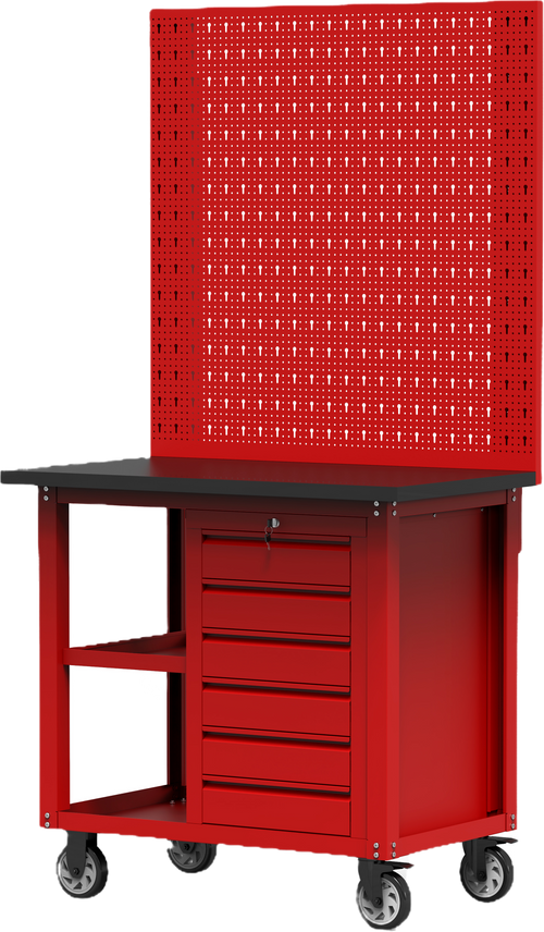 Garage mobile tool trolley with pegboards, one 6 drawers tool cabinet, two-layer boards aside and 4 casters